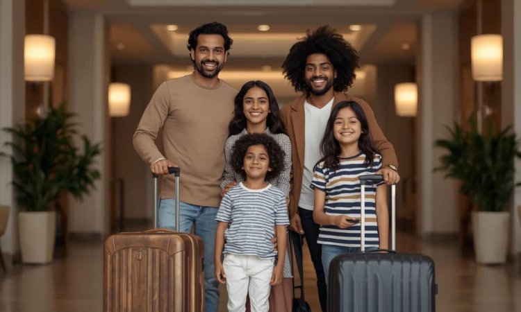 Family with luggage checking into a hotel near Dharmasthala.